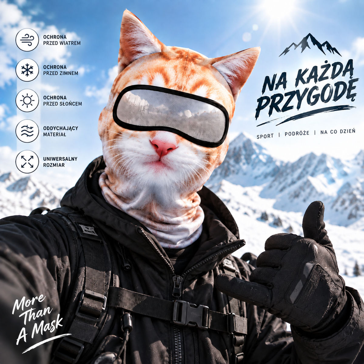 Zabawna Kominiarka z Kotem — Maska Narciarska 3D, Uniwersalny Rozmiar